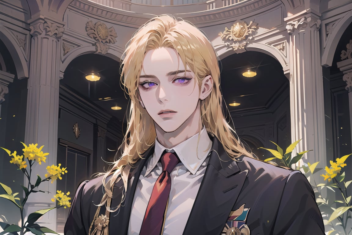 Nitrey, 1 boy, ((solo focus)), ((Goldenrod hair)), ((long straight hair)), (purple eyes), ((Medium score)), (((half-down:1.3))), To reveal the forehead, handsome, angular jaw,  thick neck, prince, royal, ((School uniform:1.3)), red tie, by Raphael, masterpiece, upper body shot, magnificent indoor hall