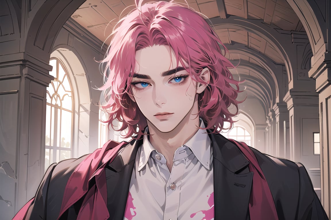 Kryon, mature, ((solo focus)), (((Fuchsia hair))), ((thick eyebrows)), ((Medium score)), To reveal the forehead, ((Split head)), ((messy hair)), ((wavy curly hair)), short hair, blue eyes, mature, ((shirt:1.3)), shoet sleeve, by Raphael, masterpiece, upper body shot, magnificent indoor hall,1 man