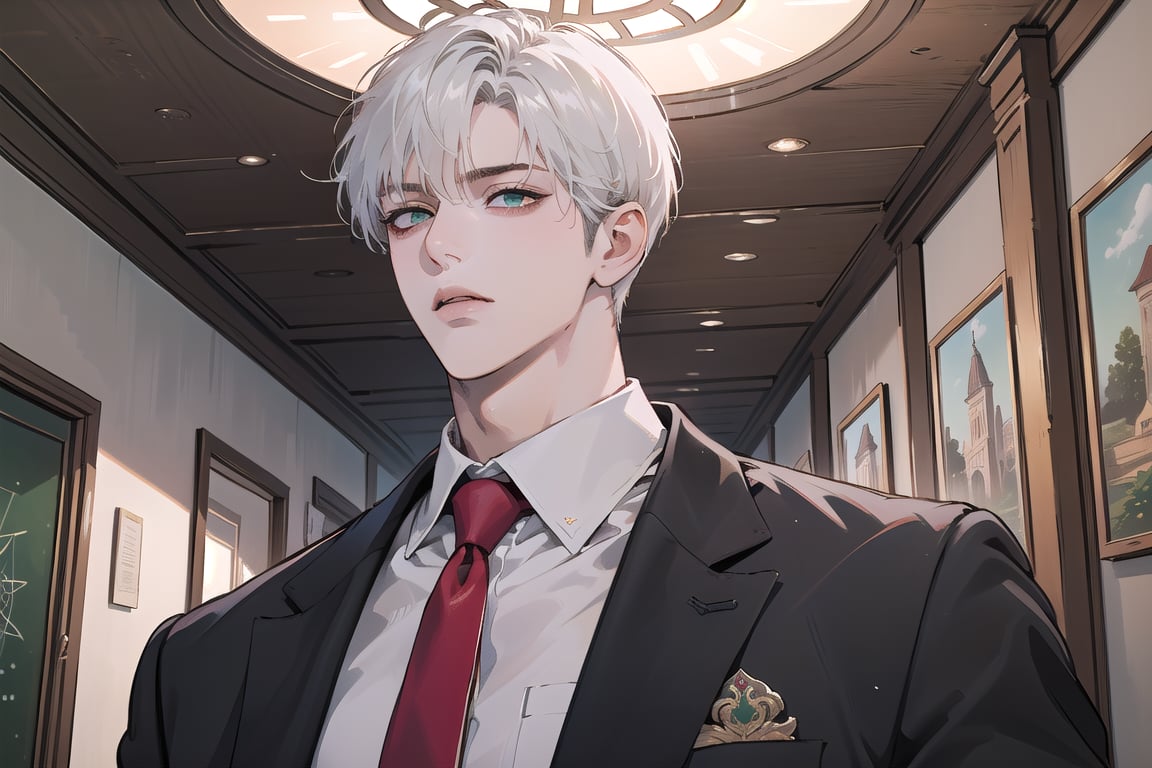 Ydor, 1boy, ((solo focus)), ((white short hair)), (Left side-parting bangs), green eyes, handsome, angular jaw, thick neck, ((School uniform:1.3)), Red tie, long sleeve, by Raphael, masterpiece, upper body shot, magnificent indoor hall