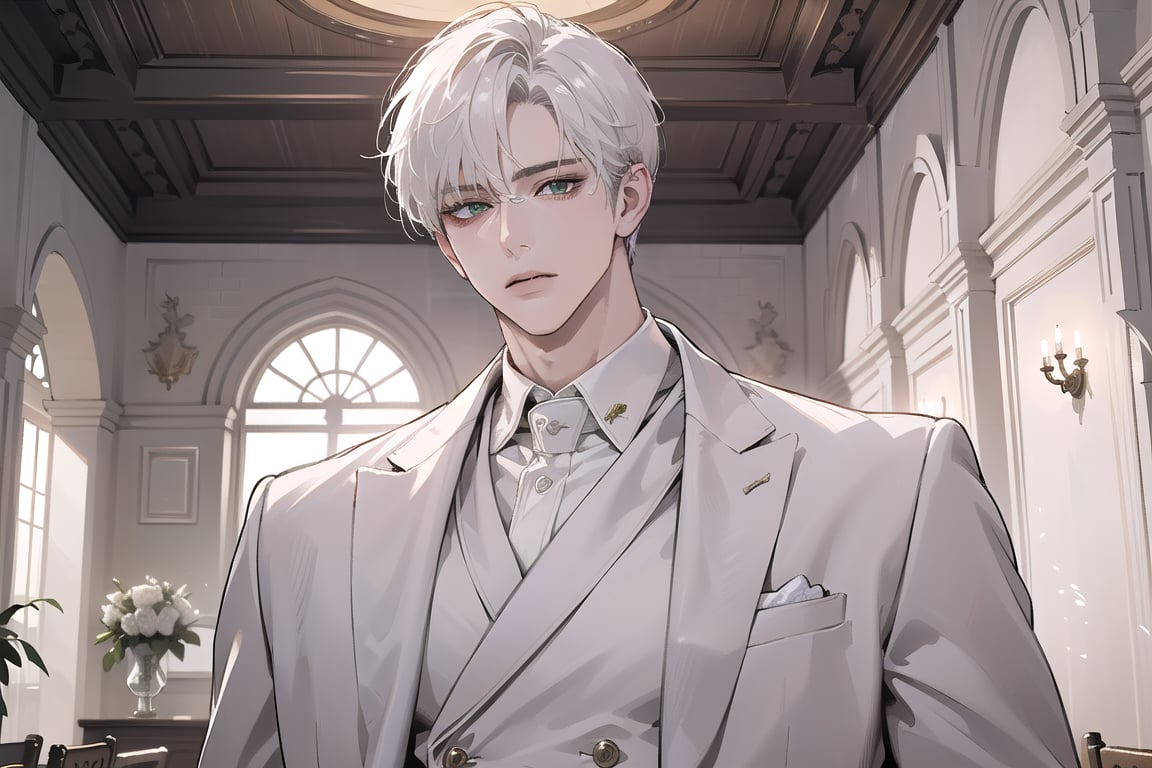 Ydor, 1boy, ((solo focus)), ((white short hair)), (Left side-parting bangs), green eyes, handsome, mature, angular jaw, thick neck, ((white)) ((wedding suit:1.3)), long sleeve, by Raphael, masterpiece, upper body shot, magnificent indoor hall