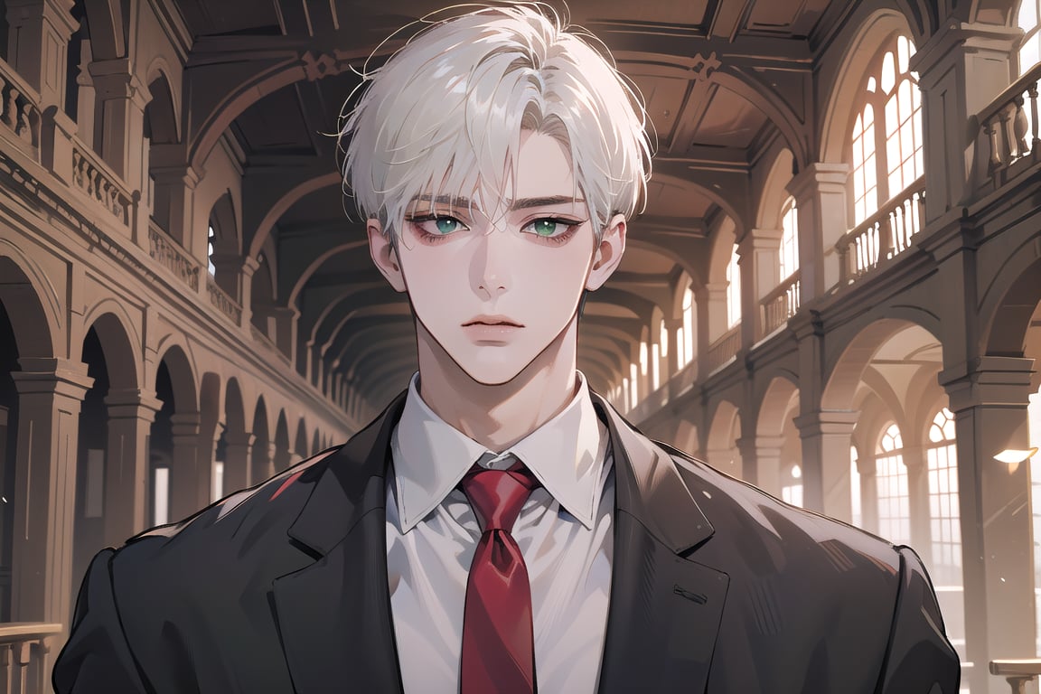 Ydor, 1boy, ((solo focus)), ((white short hair)), (Left side-parting bangs), green eyes, handsome, angular jaw, thick neck, ((School uniform:1.3)), Red tie, long sleeve, by Raphael, masterpiece, upper body shot, magnificent indoor hall