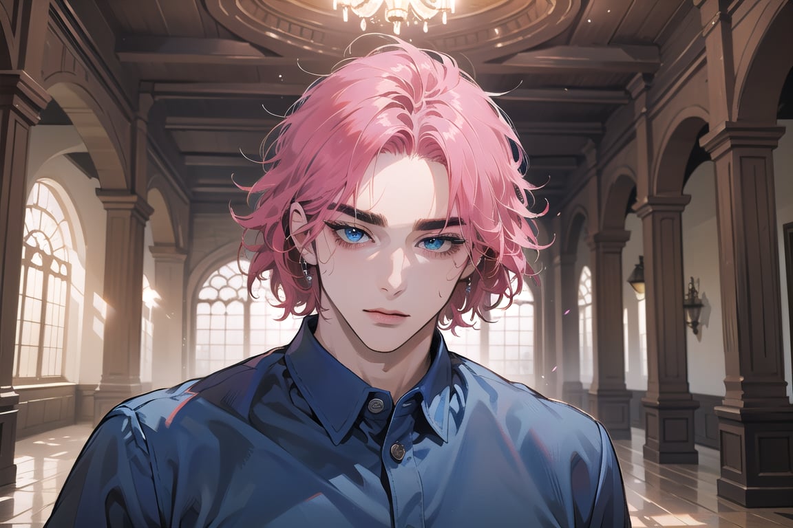 Kryon, mature, ((solo focus)), (((Fuchsia hair))), ((thick eyebrows)), ((Medium score)), To reveal the forehead, ((Split head)), ((messy hair)), ((wavy curly hair)), short hair, blue eyes, mature, ((blue shirt:1.3)), shoet sleeve, by Raphael, masterpiece, upper body shot, magnificent indoor hall,1 man