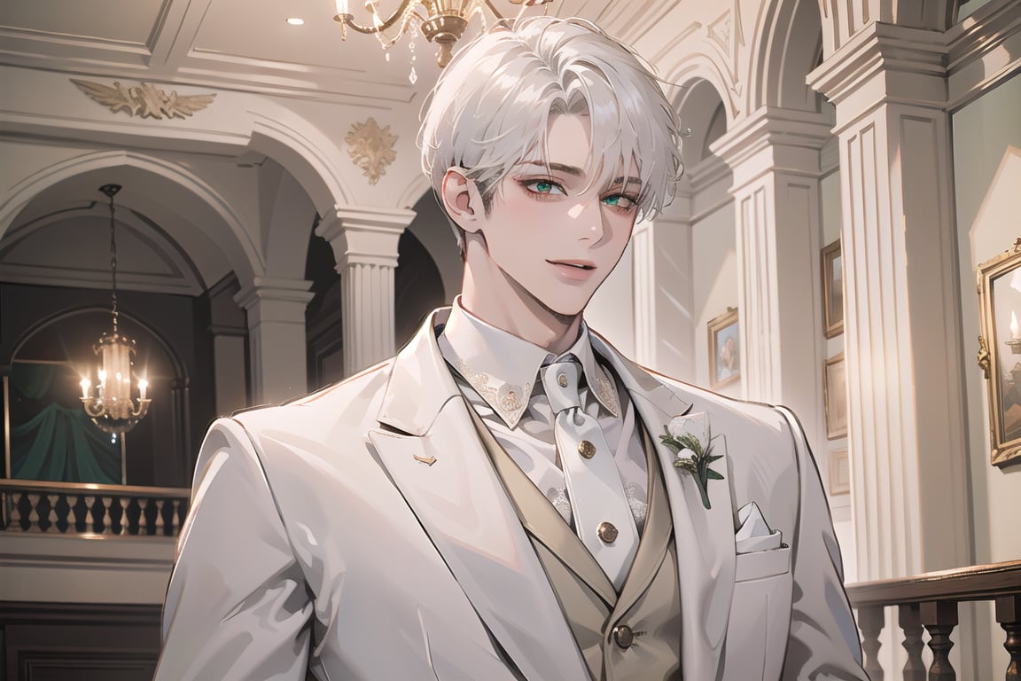 Ydor, 1boy, ((solo focus)), ((white short hair)), (Left side-parting bangs), smile, green eyes, handsome, mature, angular jaw, thick neck, ((white)) ((wedding suit:1.3)), long sleeve, by Raphael, masterpiece, upper body shot, magnificent indoor hall