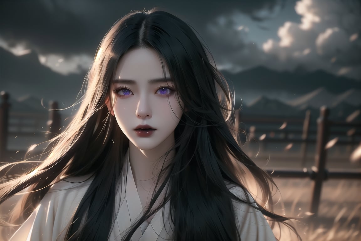 (cowboy shot), dynamic action style, (1woman), (female:1.2), mature face, (mature girl:1.2), evil, (Chinese hanfu with black accents), finely detailed eyes and face, slim figure, (long black straight hair:1.2), (purple eyes:1.1), (focus on character:1.1), ((solo)), detailed face, detailed eyes, Chinese epic style, clear subject, ultra realistic, ultra detailed, OC rendering, blender, high detail, ultra high quality, dark and ominous atmosphere, dark clouds swirling, subtle mist