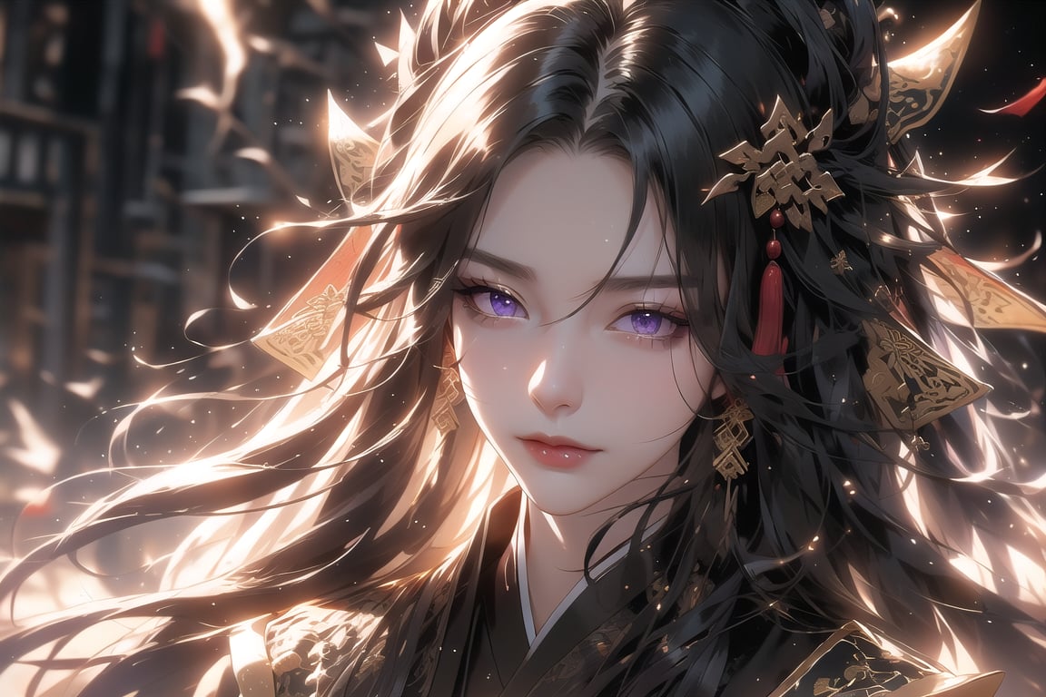 (cowboy shot), dynamic action style, (1woman), (female:1.2), mature face, (mature girl:1.2), sinister smirk, (Chinese hanfu with black and gold accents), finely detailed eyes and face, slim figure, (long black straight hair:1.2), (purple eyes:1.1), (focus on character:1.1), ((solo)), detailed face, detailed eyes, Chinese epic style, clear subject, ultra realistic, ultra detailed, OC rendering, blender, high detail, ultra high quality, dark and ominous atmosphere, dark clouds swirling, subtle mist