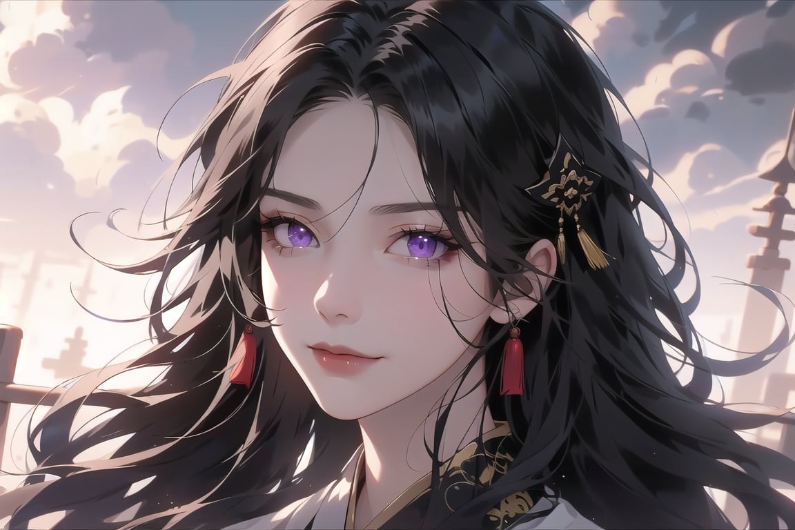 (cowboy shot), dynamic action style, (1woman), (female:1.2), mature face, (mature girl:1.2), sinister smirk, (Chinese hanfu with black and gold accents), finely detailed eyes and face, slim figure, (long black straight hair:1.2), (purple eyes:1.1), (focus on character:1.1), ((solo)), detailed face, detailed eyes, Chinese epic style, clear subject, ultra realistic, ultra detailed, OC rendering, blender, high detail, ultra high quality, dark and ominous atmosphere, dark clouds swirling, subtle mist