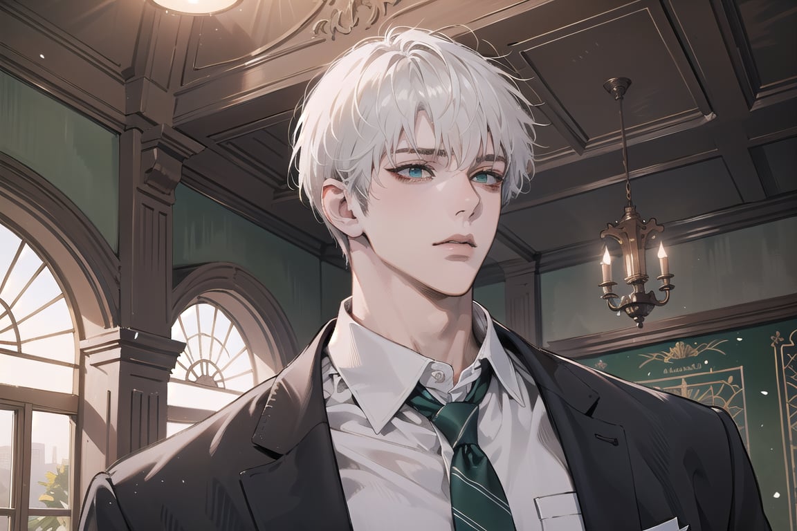 Ydor, 1boy, ((solo focus)), ((white short hair)), (bangs), green eyes, handsome, angular jaw, thick neck, ((School uniform:1.3)), tie, short sleeve, by Raphael, masterpiece, upper body shot, magnificent indoor hall