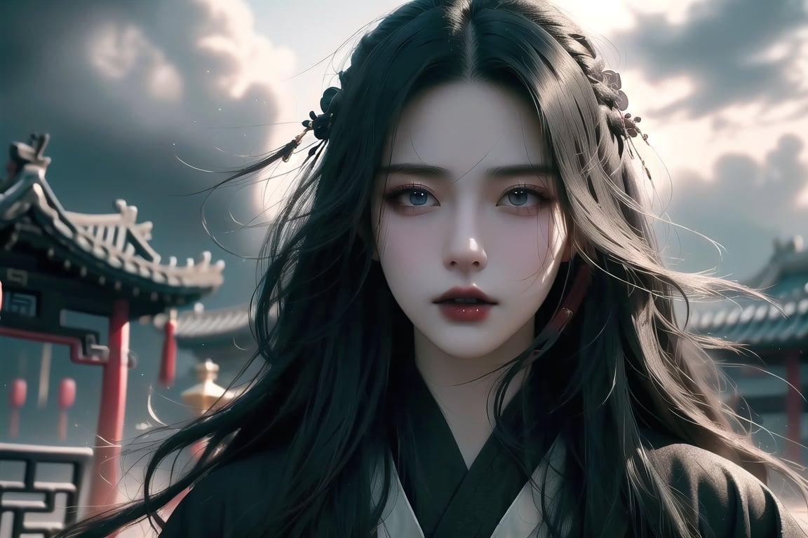 (cowboy shot), dynamic action style, (1woman), (female:1.2), mature face, (mature girl:1.2), evil, (Chinese hanfu with black accents), finely detailed eyes and face, slim figure, (long black straight hair:1.2), (purple eyes:1.1), (focus on character:1.1), ((solo)), detailed face, detailed eyes, Chinese epic style, clear subject, ultra realistic, ultra detailed, OC rendering, blender, high detail, ultra high quality, dark and ominous atmosphere, dark clouds swirling, subtle mist