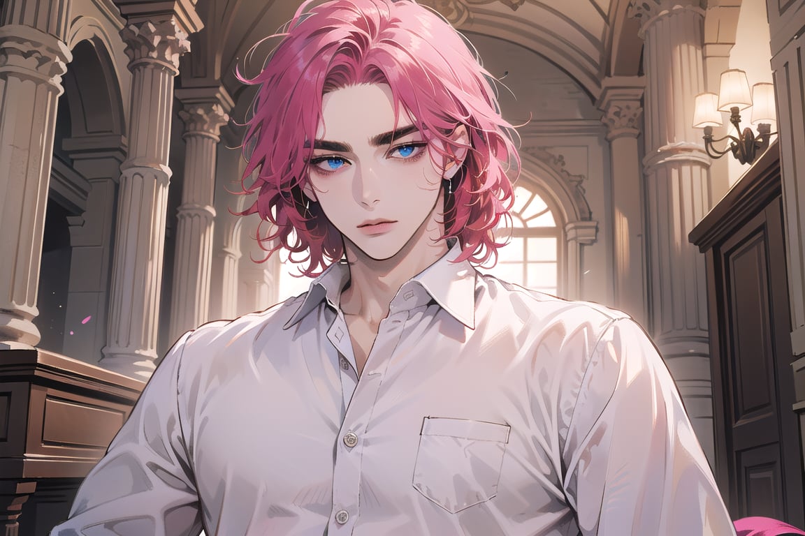 Kryon,1 boy, ((solo focus)), (((Fuchsia hair))), ((thick eyebrows)), ((Medium score)), To reveal the forehead, ((Split head)), ((messy hair)), ((wavy curly hair)), short hair, blue eyes, mature, ((white shirt:1.3)), shoet sleeve, by Raphael, masterpiece, upper body shot, magnificent indoor hall,1 man