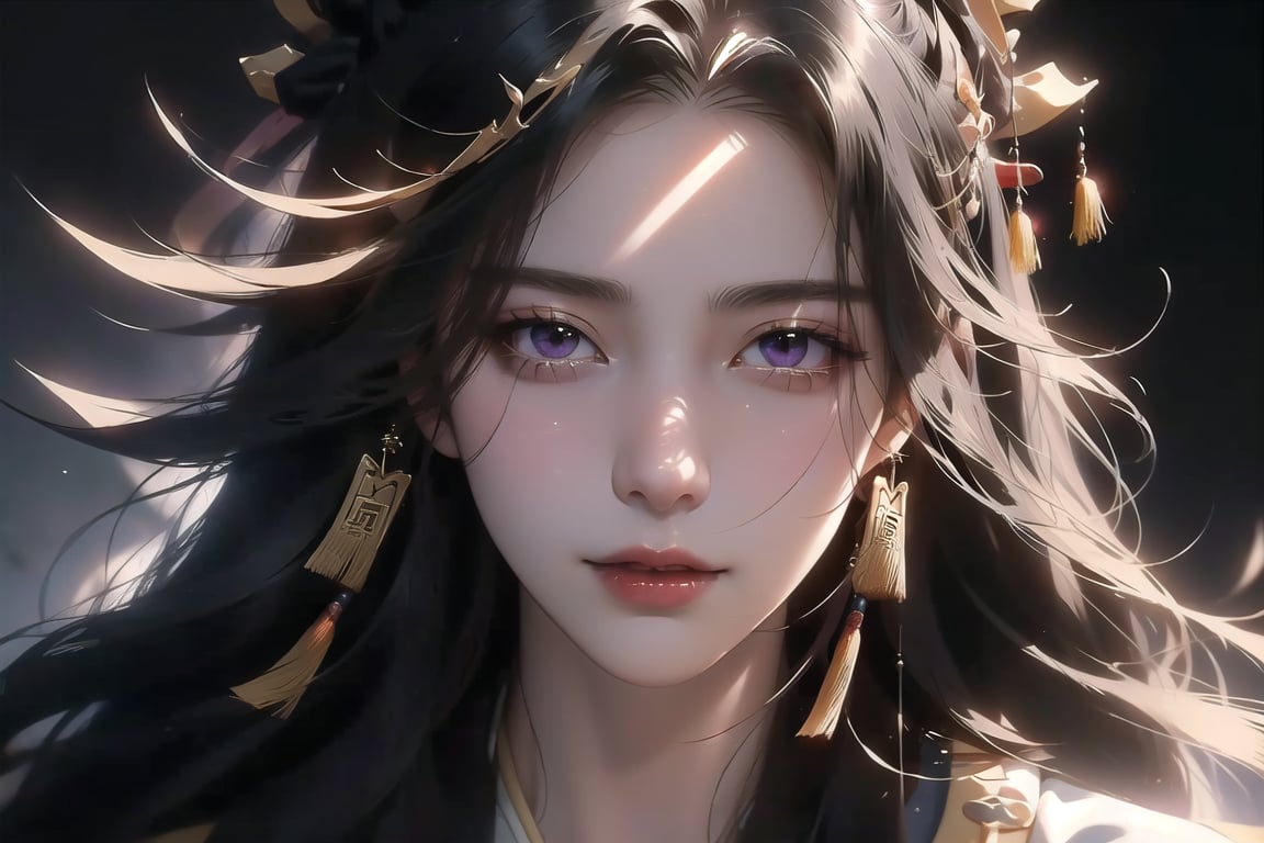 (cowboy shot), dynamic action style, (1woman), (female:1.2), mature face, (mature girl:1.2), sinister smirk, (Chinese hanfu with black and gold accents), finely detailed eyes and face, slim figure, (long black straight hair:1.2), (purple eyes:1.1), (focus on character:1.1), ((solo)), detailed face, detailed eyes, Chinese epic style, clear subject, ultra realistic, ultra detailed, OC rendering, blender, high detail, ultra high quality, dark and ominous atmosphere, dark clouds swirling, subtle mist