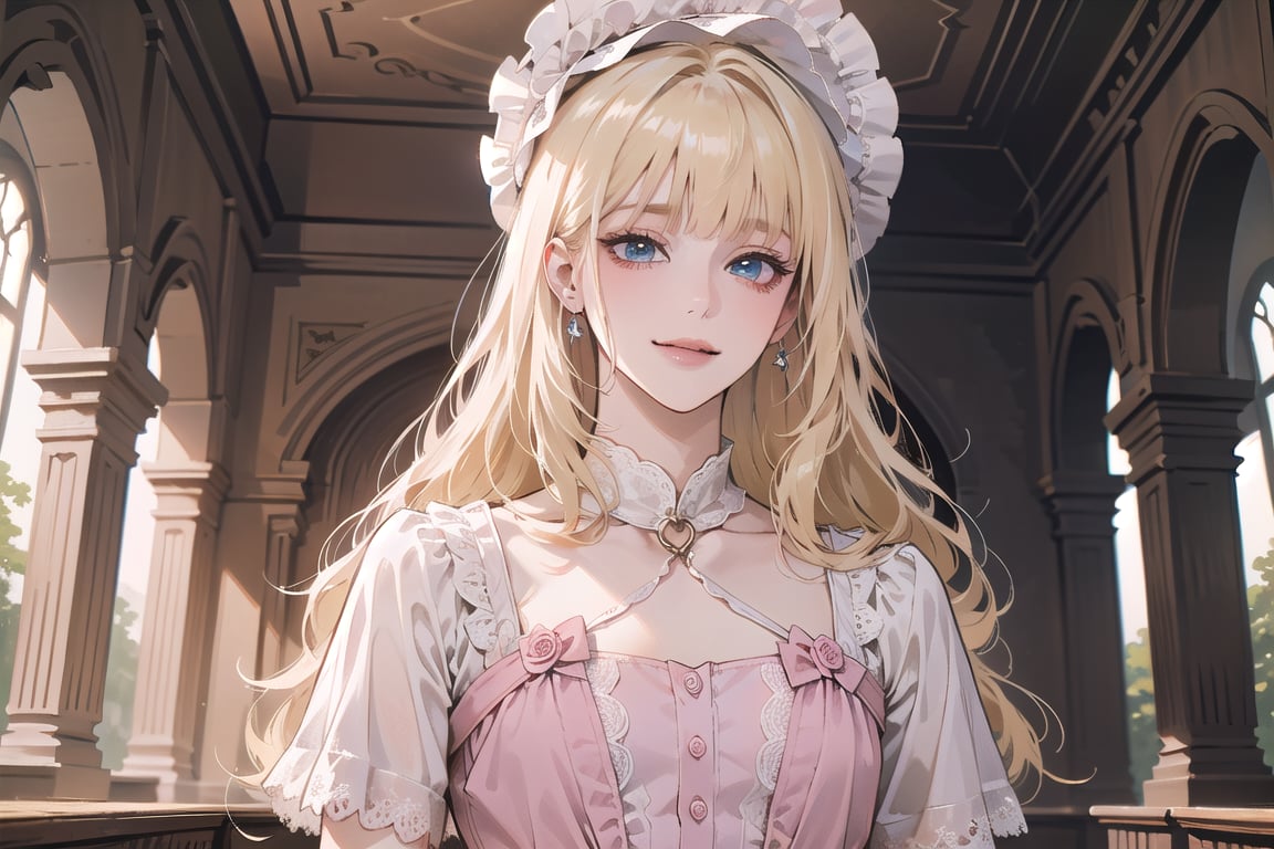 1 little girl, solo, ((Blonde hair)), (blunt bangs), wavy long hair, blue eyes, ((small chest:1.3)), seductive smile, Bonnet, wearing a ((pink Romanticism dress)), short sleeve, by Raphael, masterpiece, upper body shot, magnificent indoor hall
