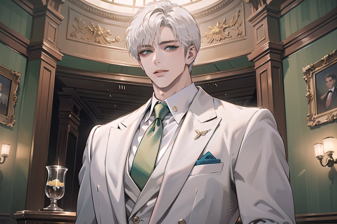 Ydor, 1boy, ((solo focus)), ((white short hair)), (Left side-parting bangs), seductive smile, green eyes, handsome, mature, angular jaw, thick neck, ((White groom suit:1.3)), long sleeve, by Raphael, masterpiece, upper body shot, magnificent indoor hall