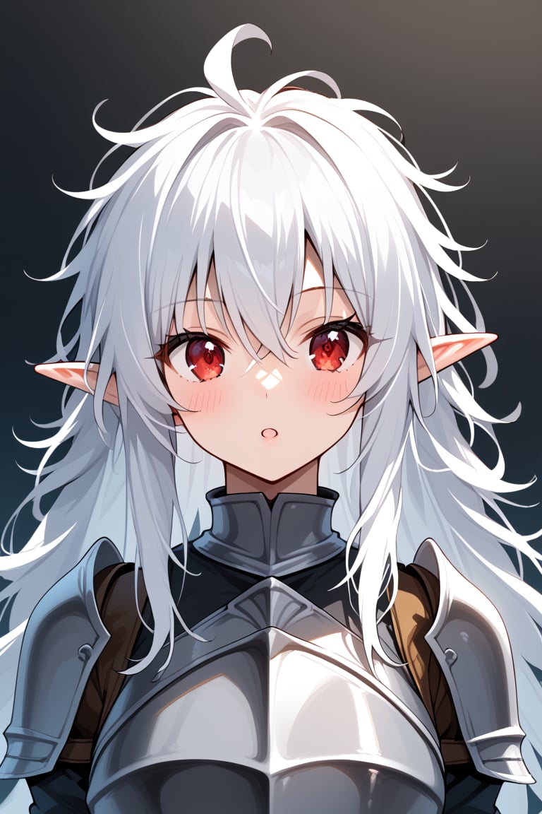 1girl, messy hair, white hair, red eyes, elf, knight