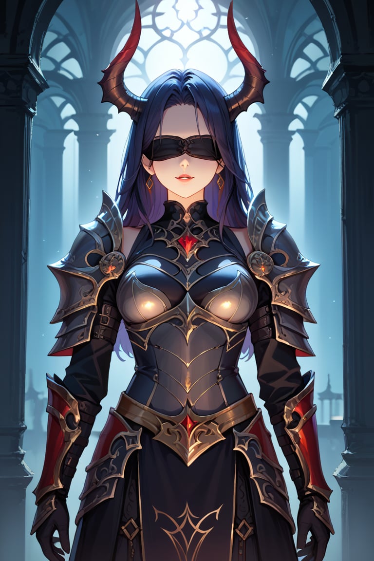 (score_9), (score_8_up), (score_7_up), masterpiece, source_anime, best quality, perfect anatomy, very aesthetic, absurdres, Zyrnox-Exoterra Style, 1girl, demon horns, demon girl, armor, blindfold, dark lighting, dark atmosphere, dark lights, dynamic lighting