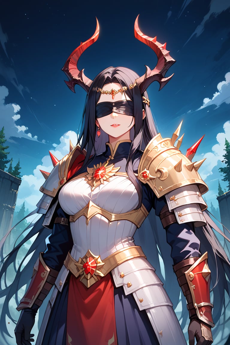 (score_9), (score_8_up), (score_7_up), masterpiece, source_anime, best quality, A dark, ominous landscape with twisted trees and eerie mist sets the stage for a striking depiction of a 'demon girl' - her piercing eyes and sharp features accentuated by perfect anatomy. She dons intricate armor, complete with demon horns protruding from her forehead, as she stands confidently with a blindfold over her eyes. The atmosphere is heavy with foreboding, illuminated only by flickering dark lights that dance across the scene, casting an otherworldly glow on Zyrnox-Exoterra Style, 1girl, masterpiece. Black Hair