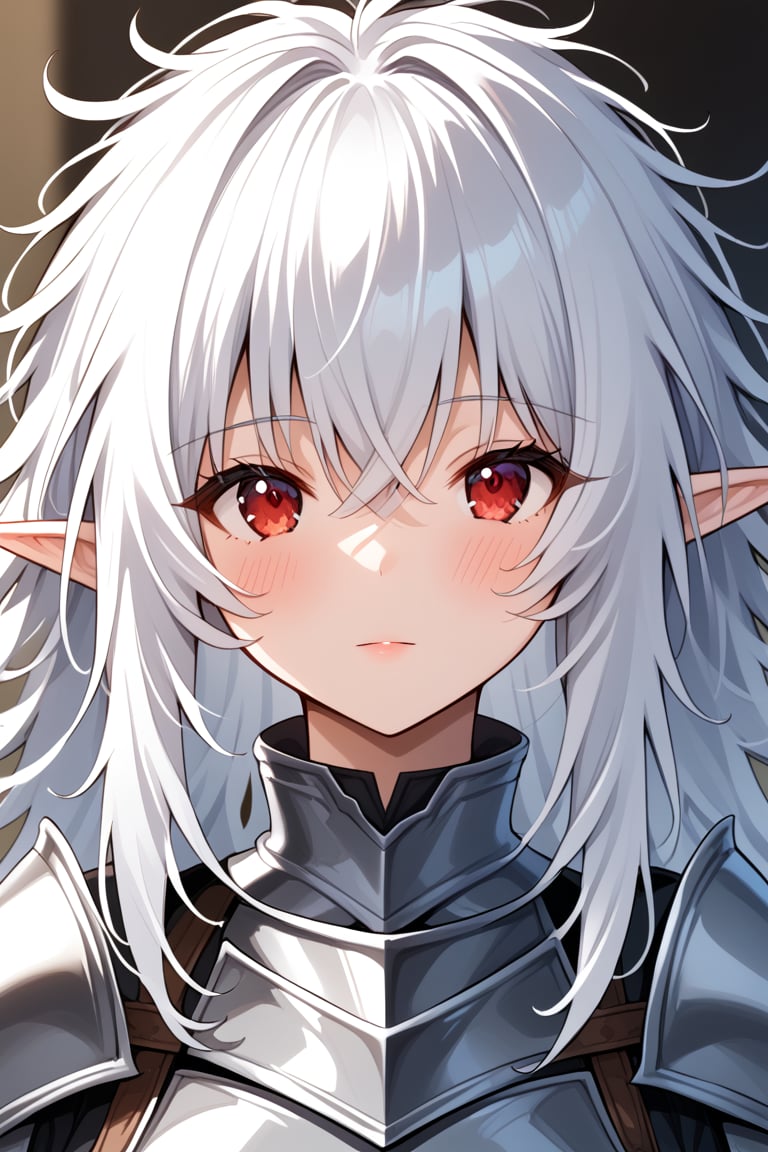 1girl, messy hair, white hair, red eyes, elf, knight