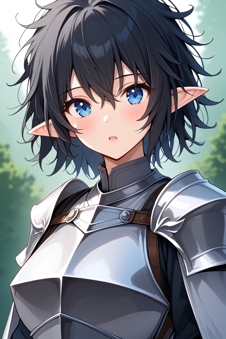 1girl, messy hair, black hair, blue eyes, elf, knight