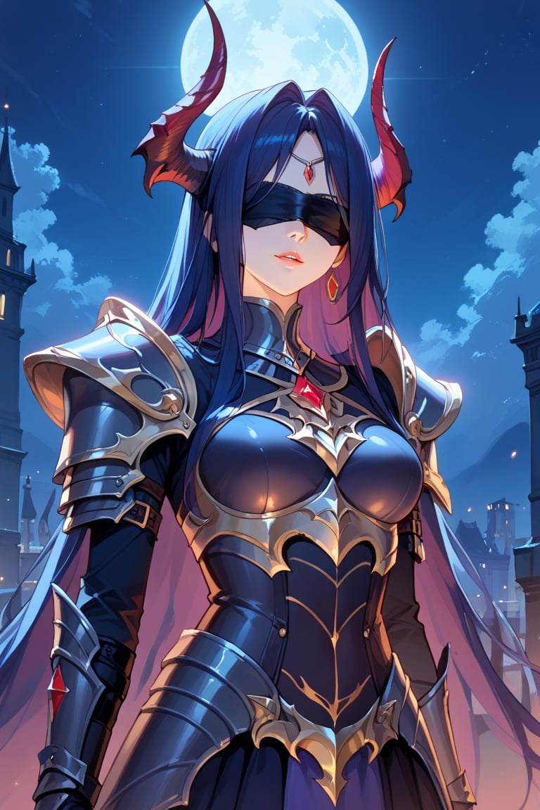 (score_9), (score_8_up), (score_7_up), masterpiece, source_anime, best quality, perfect anatomy, very aesthetic, absurdres, Zyrnox-Exoterra Style, 1girl, demon horns, demon girl, blindfold, night time, dark lighting, dark atmosphere, armor