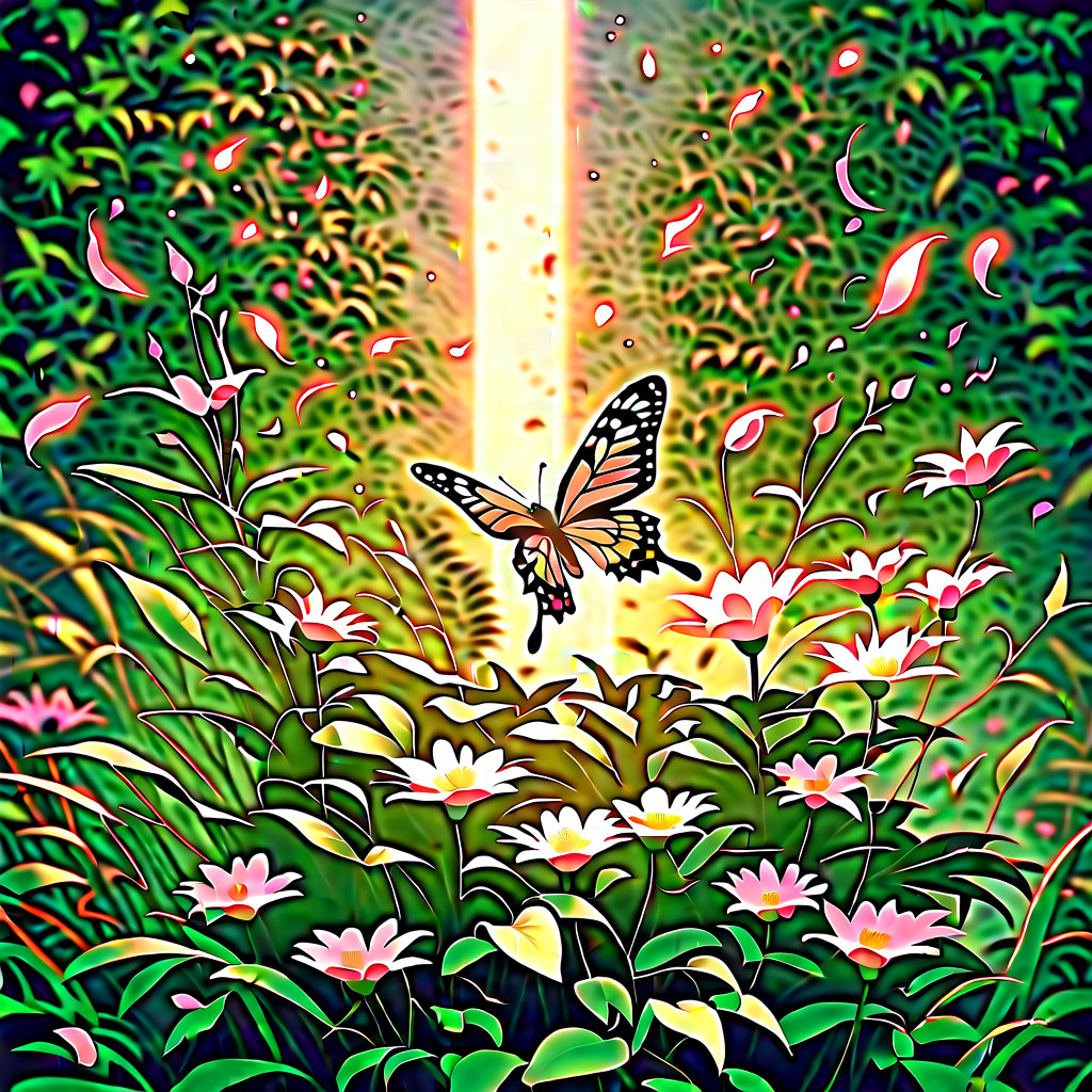 A serene garden scene with a butterfly delicately landing on a blooming shrub. The shrub is vibrant with colorful flowers, and the butterfly's wings are intricately detailed, showcasing a mix of soft pastels. The lighting is soft and natural, highlighting the textures of the petals and the butterfly's delicate form. The composition focuses on the interaction between the butterfly and the shrub, with a gentle, inviting background of lush greenery.