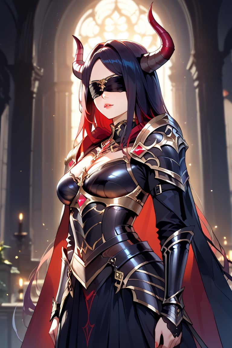 (score_9), (score_8_up), (score_7_up), masterpiece, source_anime, best quality, perfect anatomy, very aesthetic, absurdres, Zyrnox-Exoterra Style, 1girl, demon horns, demon girl, armor, blindfold, dark lighting, dark atmosphere, dark lights, dynamic lighting