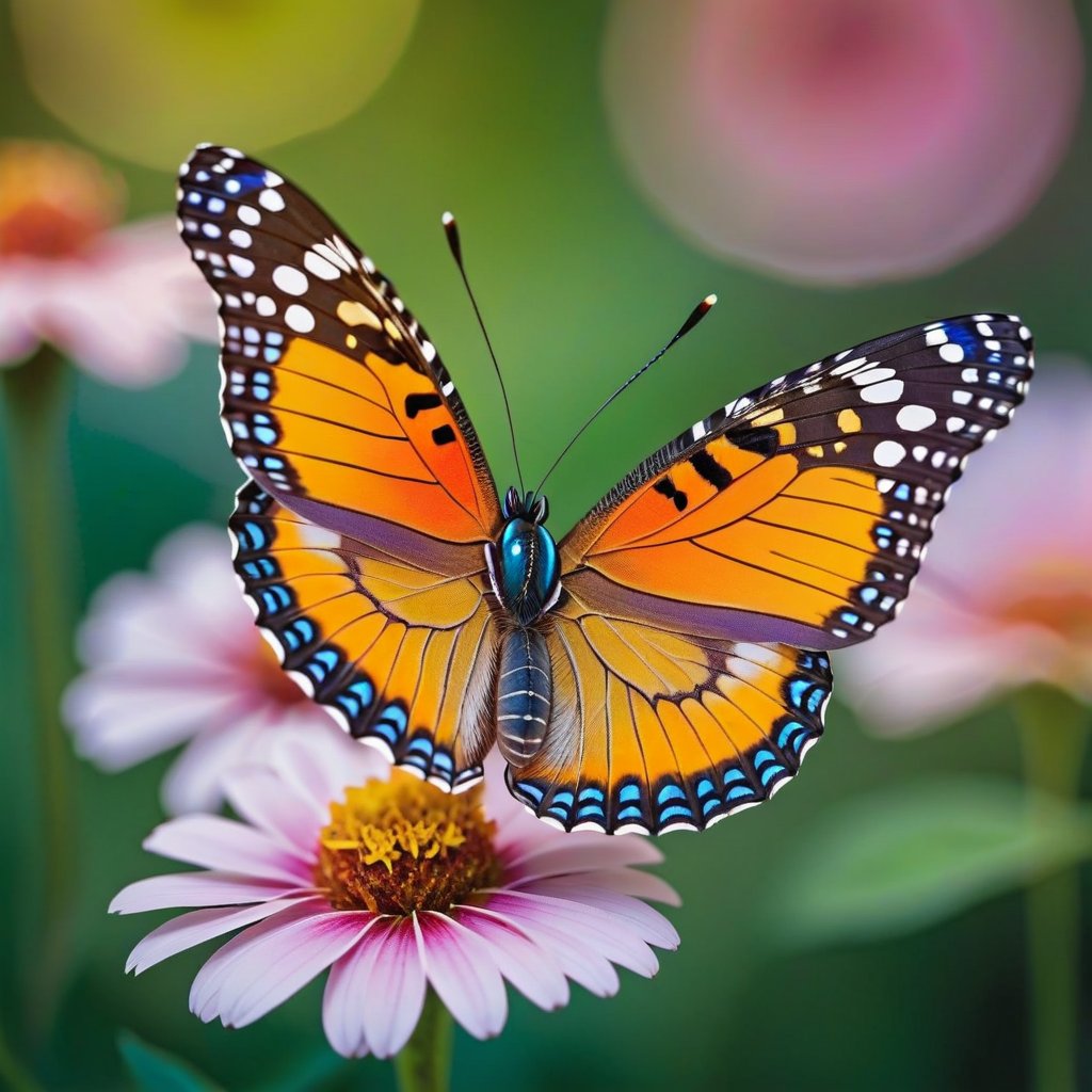 A vibrant image of a colorful butterfly resting delicately on a blooming flower. The scene is framed close-up, capturing the intricate patterns and hues of the butterfly's wings. Soft, natural lighting enhances the vibrant colors of the flower and butterfly. The composition focuses on the interaction between the two, with the butterfly's wings slightly spread, creating a harmonious and lively tableau.