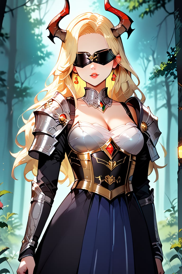 (score_9), (score_8_up), (score_7_up), masterpiece, source_anime, best quality, A dark, ominous landscape with twisted trees and eerie mist sets the stage for a striking depiction of a 'demon girl' - her piercing eyes and sharp features accentuated by perfect anatomy. She dons intricate armor, complete with demon horns protruding from her forehead, as she stands confidently with a blindfold over her eyes. The atmosphere is heavy with foreboding, illuminated only by flickering dark lights that dance across the scene, casting an otherworldly glow on Zyrnox-Exoterra Style, 1girl, masterpiece.