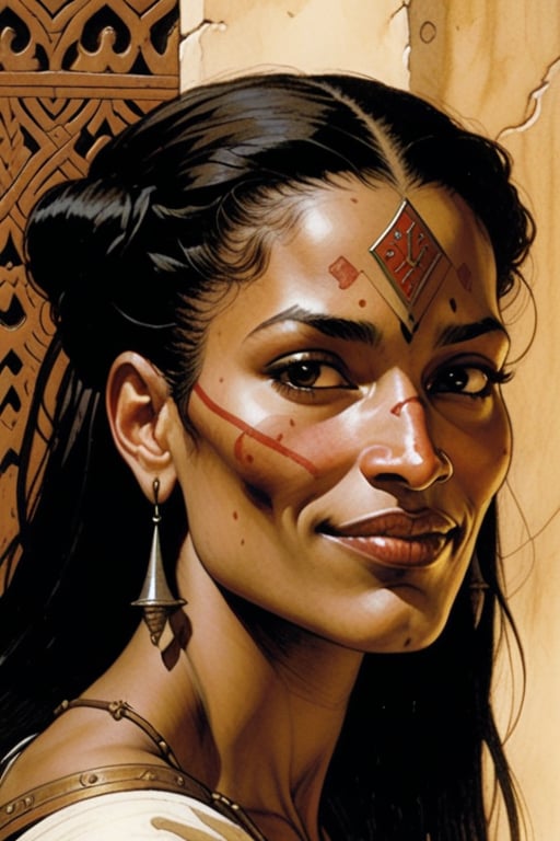 art by Frank Miller and Gerald Brom: Portrait of an Amused female medieval north-african human with Brown eyes, Brown hair, Tanned skin, Large Nose, and Facial Scar, 