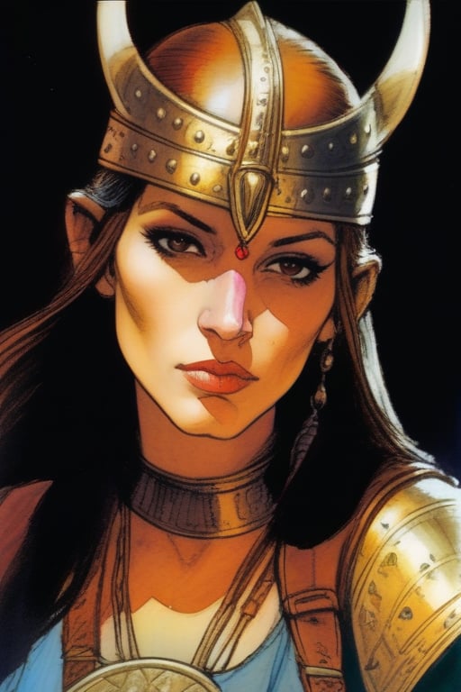  art by bill sienkiewicz and Moebius, Portrait of a Serious female medieval Barbarian human with Hooked nose,
Large Nose, Round Face, Brown eyes, Brown hair, Large Ears, 