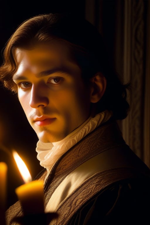 Mysterious nobleman's profile emerges from darkness, lit by flickering candles. Brown eyes gaze intensely, while brown hair frames his pale complexion. A Renaissance-style portrait comes alive in a dimly lit, ornate chamber, hinting at a life of luxury and intrigue.