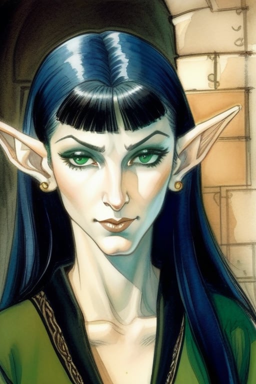 art by Milo Manara and jock sturges, Portrait of a female Amused spanish elf, with Bright emerald green eyes, long, shoulder length Blue-Black hair, Pale skin, with pointed ears, high cheekbones, Hooked nose, Close set eyes, Large eyes and Full lips, dressed in green, gray and blue, 