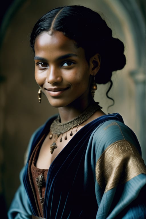 full body art by paolo roversi and Moebius, Portrait of a Smiling female medieval north-african human with Brown eyes, Black hair, Black skin, 