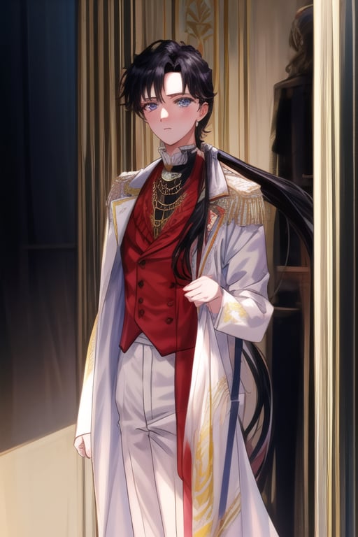  (masterpiece), best quality, expressive eyes, perfect face, 1boy with very long black hair in a low ponytail,navy blue-eyed, costume of a prince, in a palace, SEIYAKOU,outfit