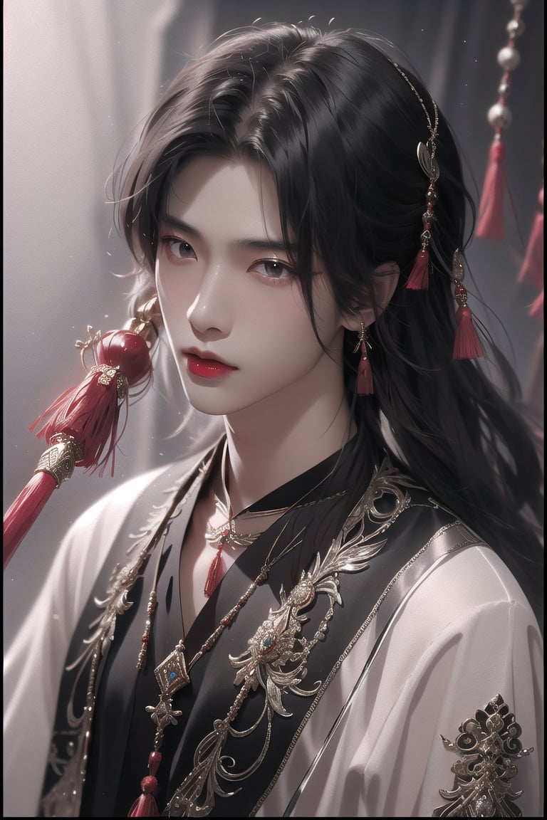 no humans, a delicate a chinesse black flute with a red tassel attached to it is placed on a dark gray surface. The flute is adorned with a silver circle with a diamond in the center. The tassels are attached to the flute, 