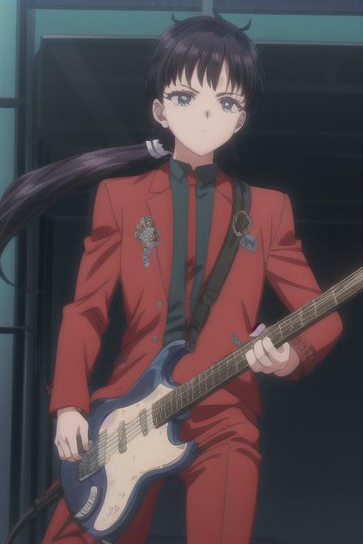 a boy playing an electric guitar in a rocker outfit with very long hair in a low ponytail,SEIYAKOU