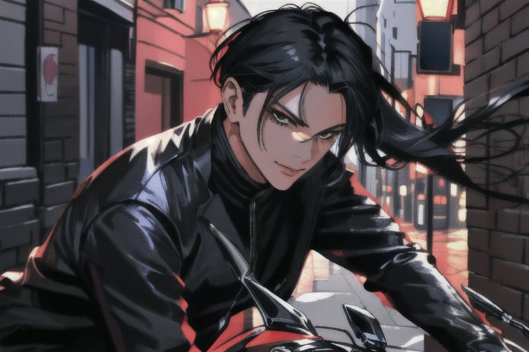 a boy with a very long blue black hair tied in a low black ponytail with deep blue eyes, adding an edgy touch to his intimidating presence.evil smile, Leaning against his motorcycle in an alleyway at night, he radiates a serious, unyielding intensity. Perfect lighting casts deep shadows, accentuating every curve and crease, as if the camera has captured a slice of pure chaos.