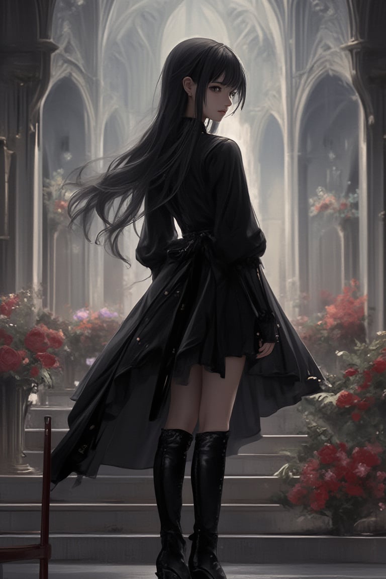 1girl, solo, black_hair long with low ponytail, platform_footwear, boots, long_hair, dress, gothic_lolita, black_dress, black_footwear, standing, lolita_fashion, indoors, long_sleeves, full_body, gothic, platform_boots, church, knee_boots