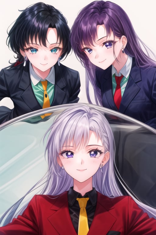 multiple_girls, 3girls, brown_hair, necktie, formal, green_eyes, suit, purple_eyes, short_hair, earrings, smile, jewelry, long_hair, very_short_hair, blue_hair, white_hair, blue_eyes, looking_at_viewer, black_hair,SEIYAKOU