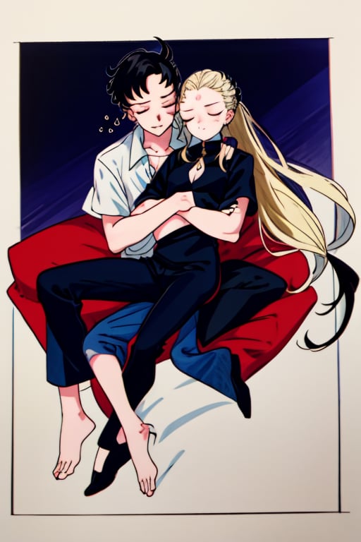 a 16 year old boy with long black hair wearing a low ponytail with an inverted black moon on his forehead holding in his arms a sleeping 16 year old girl with an inverted black moon on her forehead and long blonde hair while looking at her with a slightly evil smile,SEIYAKOU