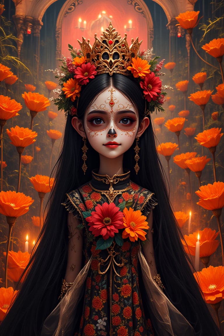 1girl,dressed as a catrina on a background of cempasuchil flower adorned with candles and a Mexican Day of the Dead ofrenda.