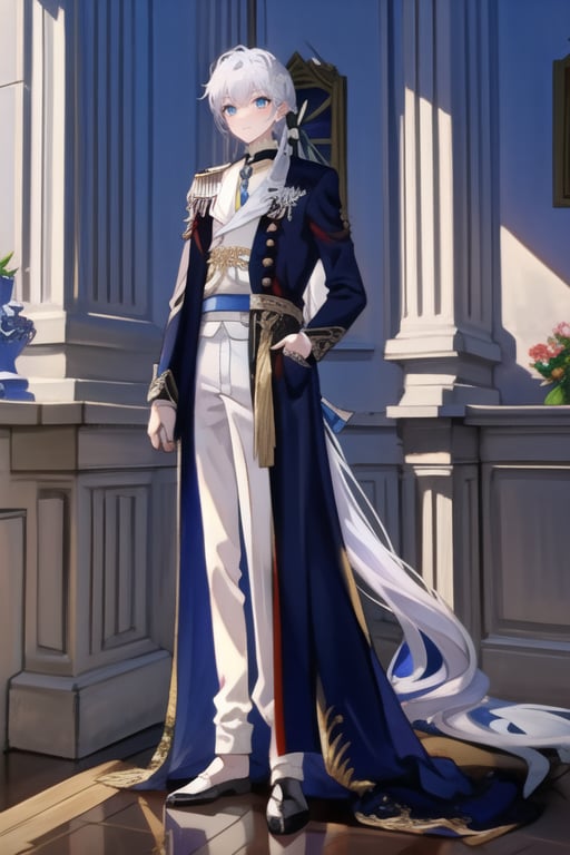 (masterpiece),a 16-year-old boy with very long black and blue hair in a low ponytail,navy blue eyes, costume of a blue prince with white in a palace of mythological ruins  , SEIYAKOU