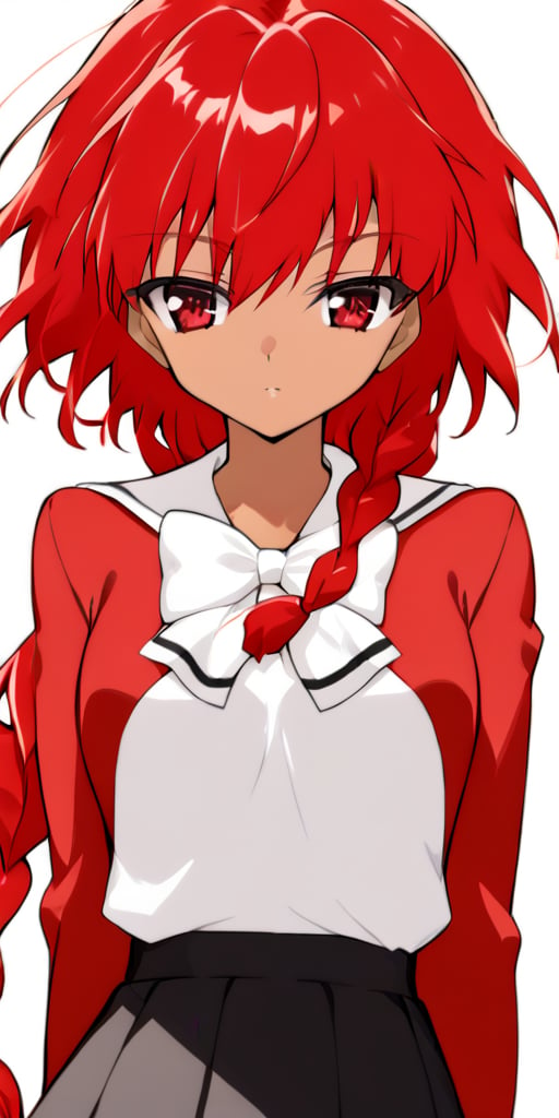 1 girl. Shidou Hikaru from Magic Knight Rayearth, young 15 years old, long red hair, tied in a braid, red school jacket, big white bow on her chest, black skirt above the knee, red eyes, light brown skin, happy girl.
