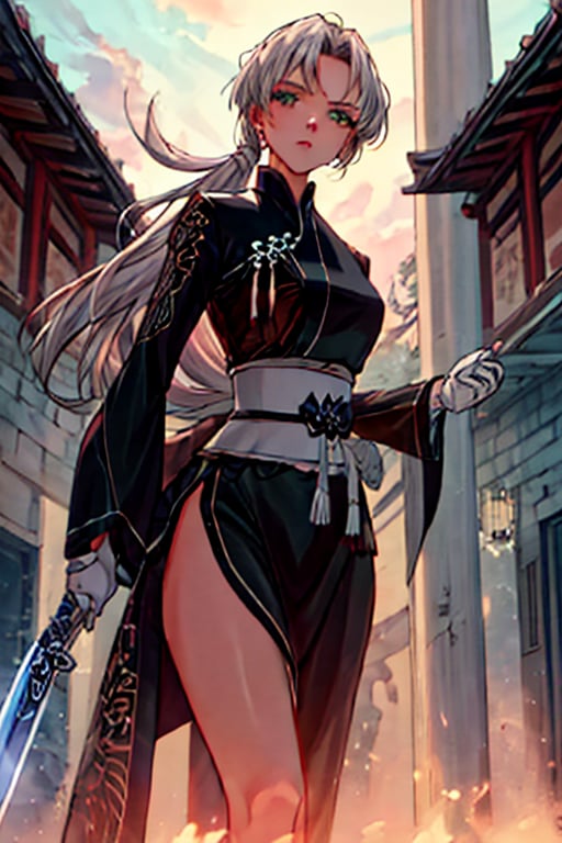 (masterpiece), best quality, expressive eyes, perfect face, A determined young woman in her twenties with striking Latin features, long flowing black hair, and piercing green eyes, dressed in an intricate Chinese outfit, prepares for battle by drawing her sword. The scene unfolds in an ancient city where Nordic and Chinese architectural styles merge harmoniously, lit by the golden hues of sunset. The atmosphere is charged with both epic tension and a sense of mystery, brought to life with a blend of anime and digital illustration styles. Rendered in high resolution, the image features dramatic lighting that accentuates the contrasts between light and shadow, focusing closely on her intense expression and poised stance