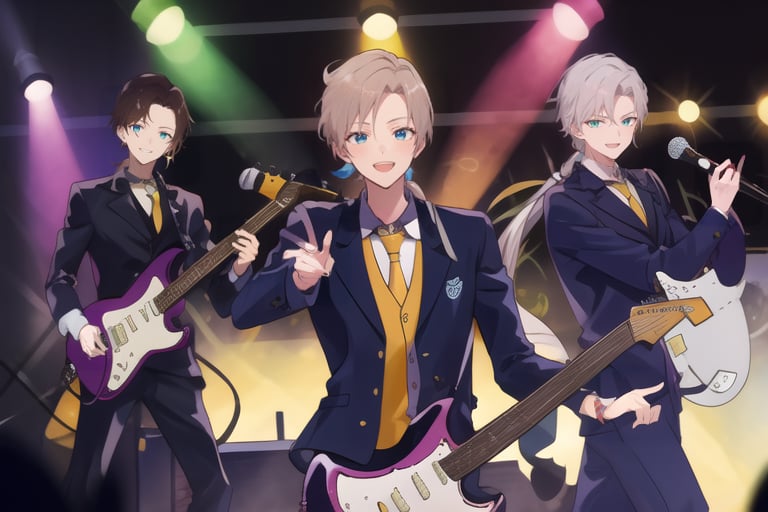 3boys, male_focus, multiple_boys, brown_hair, violete_eyes, necktie, playing the electric keyboard, low ponytail, long_hair, white_hair,green-eyes, playing the electric guitar on a stage, smile, deep blue_eyes, blue-black_hair, playing the electric guitar, perfect_face, perfect_hands, looking_at_viewer,SEIYAKOU