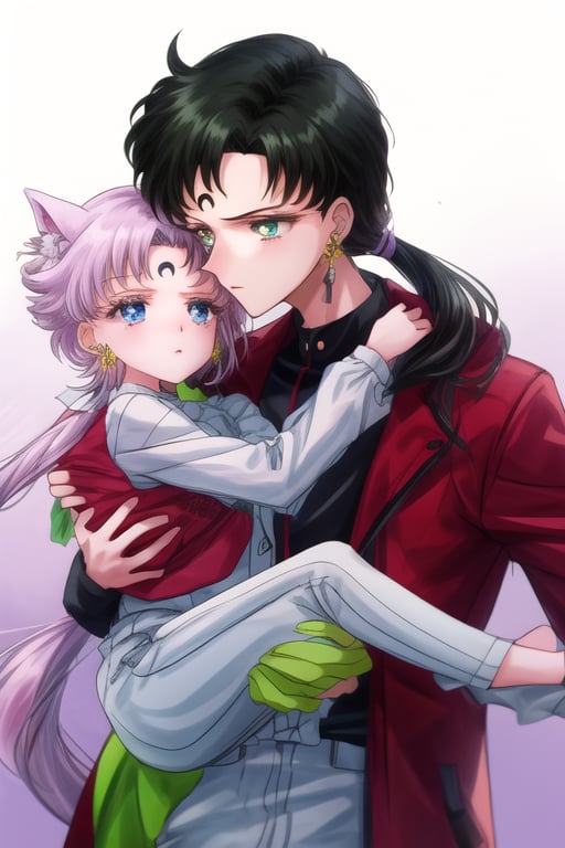  (masterpiece), best quality, expressive eyes, perfect face, A young woman in her 20's, with long black hair and green eyes with long hair pulled back in a low ponytail, delicate earring adorns each lobe of her ear, enhancing her androgynous charm. The blue-eyed, low ponytailed boy is carrying her in his arms. princess_carry, SEIYAKOU