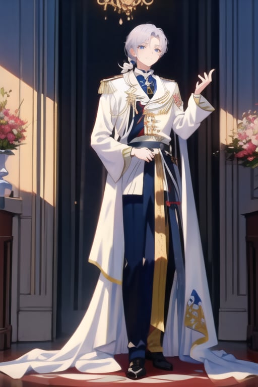 (masterpiece),a 16-year-old boy with very long black and blue hair in a low ponytail,navy blue eyes, costume of a blue prince with white in a palace, perfect_face, SEIYAKOU