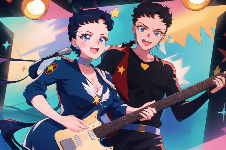 1 boy, 1 girl, SEIYAKOU,very long black hair, low ponytail, deep blue eyes, red leather jacket, playing electric guitar, next to a girl with a very long blue  hair tied in a low ponytail with deep blue eyes singing into a microphone, SailorStarFighter on a stage, navy blue leather dress, smile, perfect_face, perfect_hands, looking_at_viewer