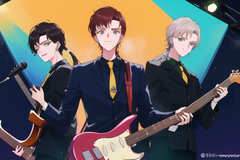 3boys, male_focus, multiple_boys, brown_hair, violete-eyed, necktie, playing the electric keyboard, low ponytail, long_hair, white_hair,green-eyed playing the electric guitar on a stage, smile, deep blue-eye, blue-black_hair, playing the electric guitar, perfect_face, perfect_hands, looking_at_viewer,SEIYAKOU