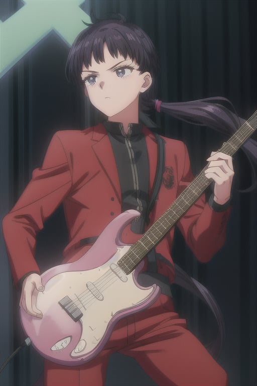 a boy playing an electric guitar in a rocker outfit with very long hair in a low ponytail,SEIYAKOU