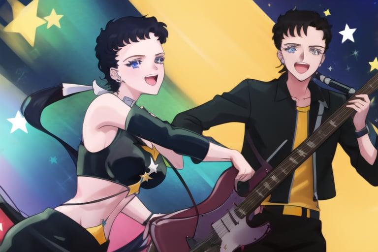 1 boy, 1 girl, SEIYAKOU,very long blue black hair, low ponytail, deep blue eyes, black leather jacket, playing electric guitar, next to a girl with a very long blue black hair tied in a low ponytail with deep blue eyes singing into a microphone, SailorStarFighter on a stage, leather dress smile, perfect_face, perfect_hands, looking_at_viewer