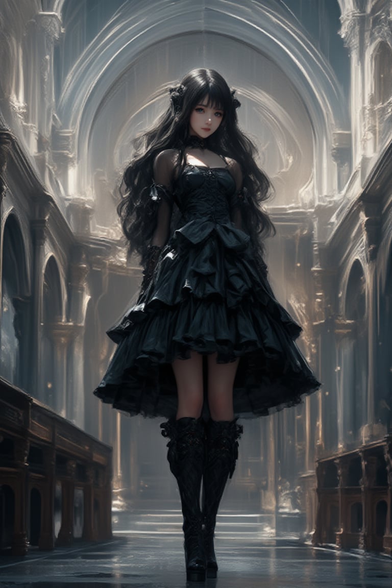 1girl, solo, black_hair long with low ponytail, platform_footwear, boots, long_hair, dress, gothic_lolita, black_dress, black_footwear, standing, lolita_fashion, indoors, long_sleeves, full_body, gothic, platform_boots, church, knee_boots